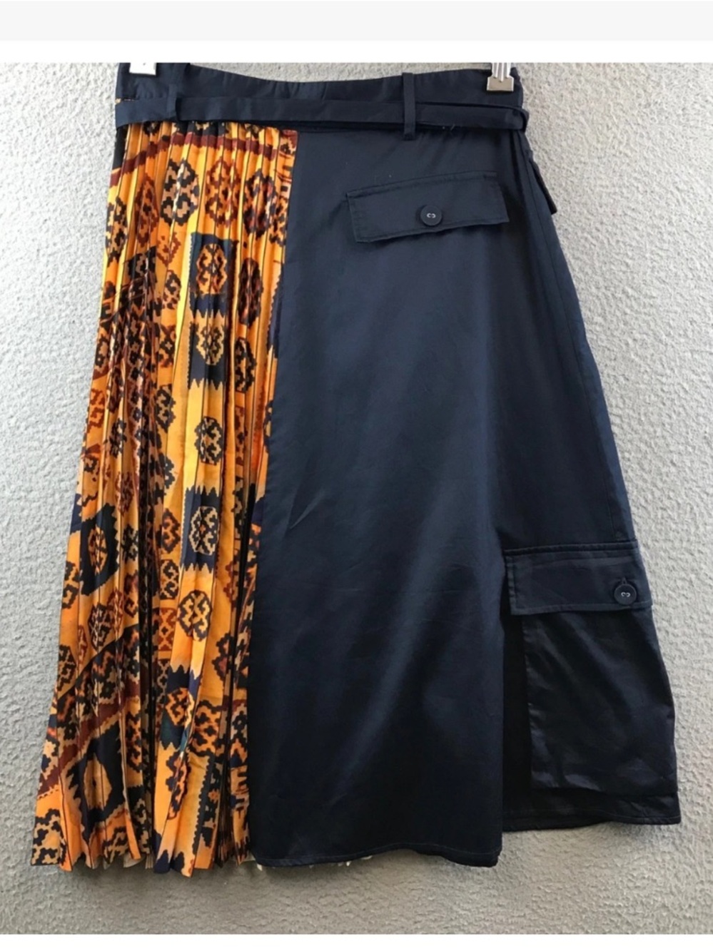 NWT, Eva Franco Orange and Navy Pleated Midi Skirt with Cargo Pockets - Picture 3 of 3